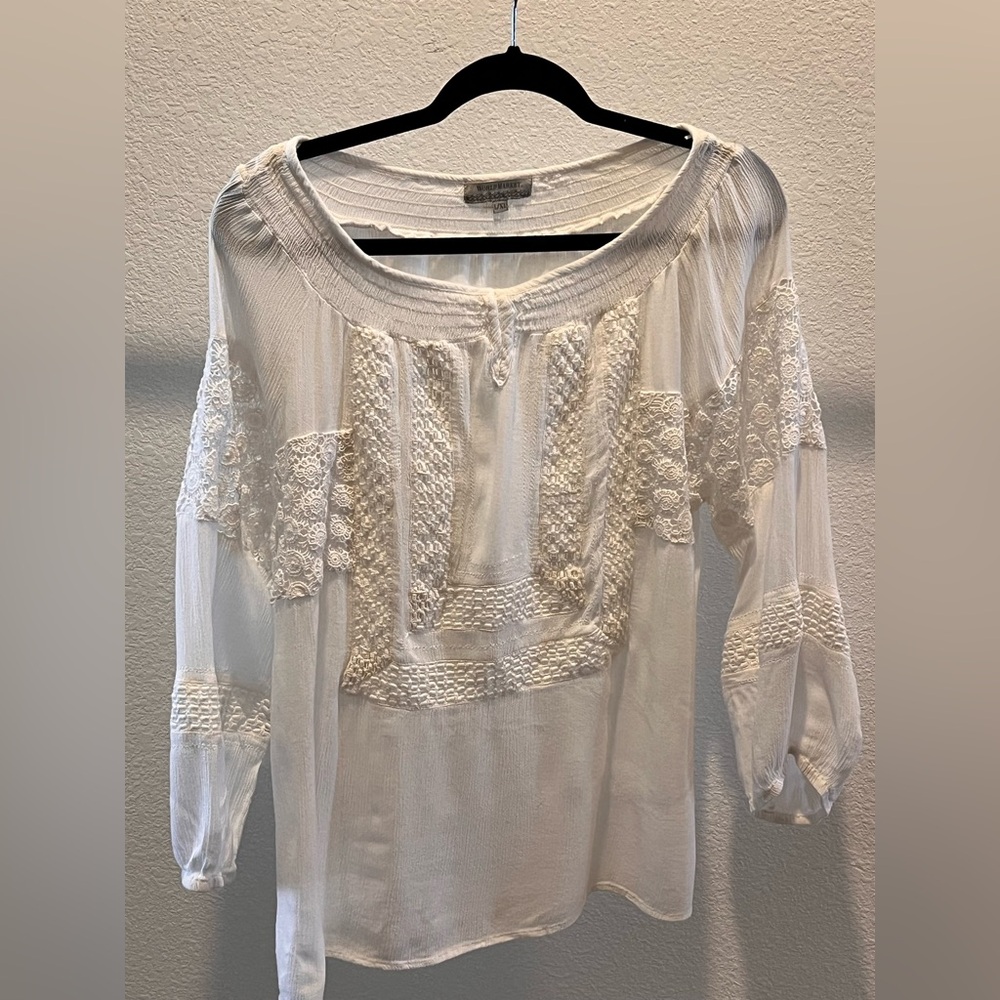 World Market White Lace Bohemian Top Shirt Blouse